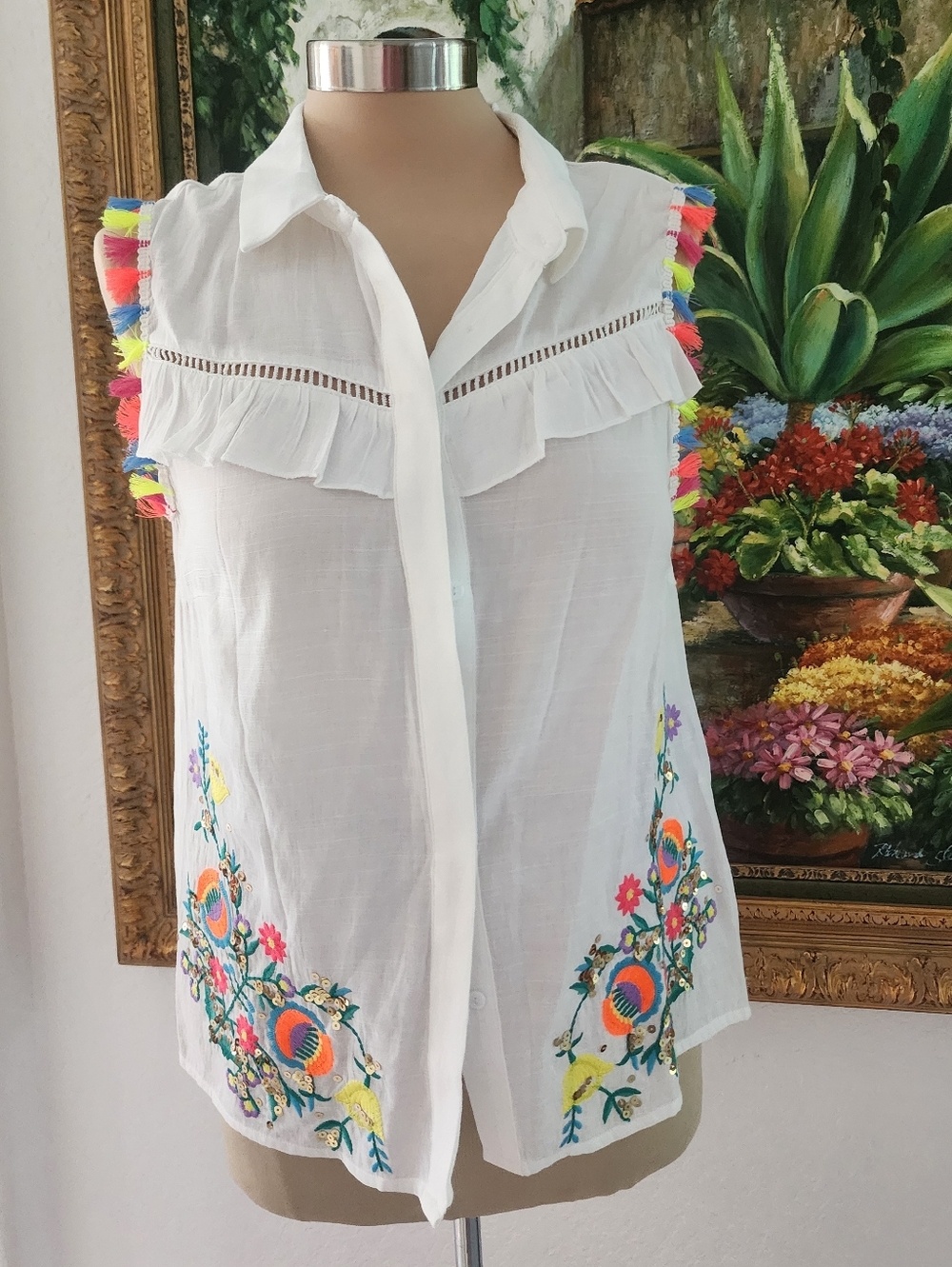 LUXE MODA | White Embroidered Sleeveless Blouse with Tassel Trim